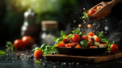 Poster - Vibrant salad with fresh tomatoes, basil, and spices being tossed in bowl, creating dynamic and appetizing scene. background is softly blurred, highlighting colorful ingredients