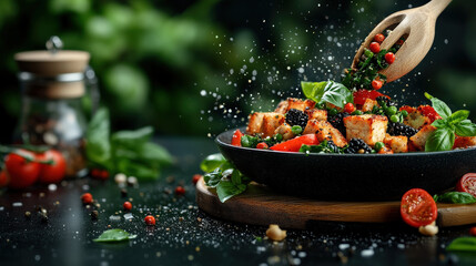 Poster - Vibrant culinary scene with wooden spoon stirring fresh, colorful salad in black bowl, featuring tomatoes, herbs, and spices, set against lush green backdrop