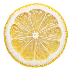 Poster - Thinly sliced lemon with vibrant yellow flesh and white rind is isolated on transparency background, showcasing its juicy texture and fresh appearance