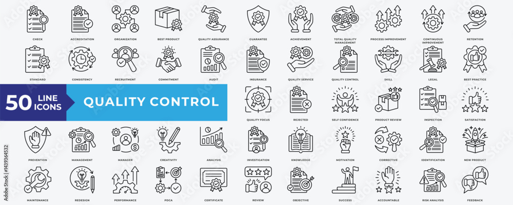 Quality Control icon set with accreditation, best product, quality ...