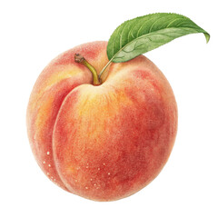 Poster - Ripe, fuzzy peach with vibrant red and yellow surface and green leaf attached, isolated on transparency background. peach texture and color are vividly detailed
