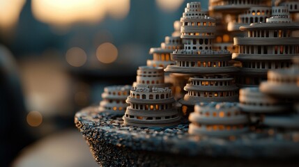 Wall Mural - ornamental, spiral city model, sunset bokeh background