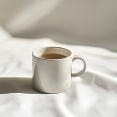 Aufkleber - minimalist coffee break: a ceramic mug filled with warm liquid rests on crisp white fabric, bathed i