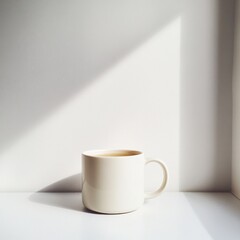 Poster - Minimalist aesthetic: A white mug sits on a white surface, bathed in sunlight casting a shadow, creating a clean and serene ambiance.