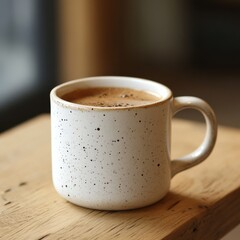 Aufkleber - Coffee in a speckled mug: A moment of warm indulgence and simple pleasures on a textured wooden surface, blurred window behind.