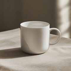 Poster - Elegant white mug on a beige linen surface, bathed in warm sunlight. Minimalist design for a peaceful morning or afternoon drink.
