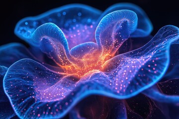 Aufkleber - Abstract digital art depicting a luminous, bioluminescent flower with vibrant blue, purple, and orange hues.