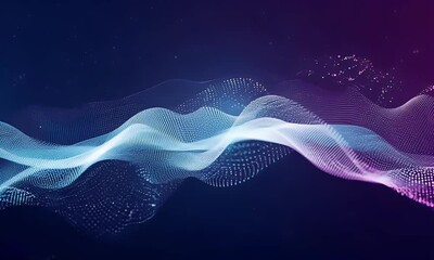 Fototapete - Abstract digital wave of glowing particles and energy flows in a dark background.