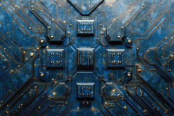 Poster - Abstract digital circuit board design with blue metallic texture and gold accents.