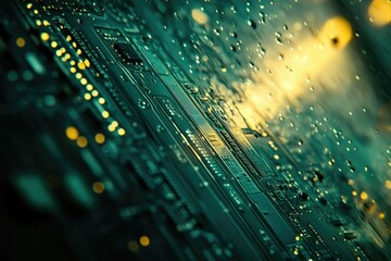 Leinwandbilder - Close-up of a circuit board with water droplets, showcasing intricate electronic components and pathways.
