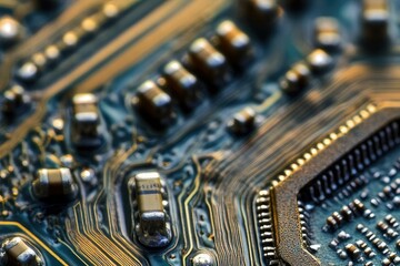 Fototapete - Close-up of a circuit board showcasing intricate electronic components and pathways.