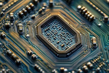 Poster - Close-up of a circuit board showcasing intricate electronic components and pathways.