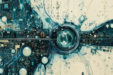 Poster - Abstract artwork depicting a futuristic cityscape integrated with circuit board technology, blending organic and technological elements.