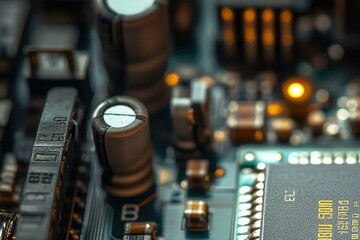 Leinwandbilder - Close-up of a circuit board showcasing various electronic components like capacitors and microchips.