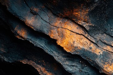Leinwandbilder - Close-up of layered dark rocks with orange accents, showcasing texture and geological formations.