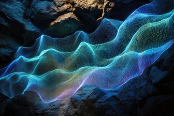 Aufkleber - Glowing, ethereal net-like structure flows over dark, rocky terrain, creating a surreal, digital landscape.