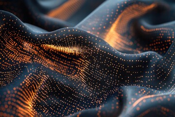 Poster - Abstract digital wave of glowing orange particles on a dark background.