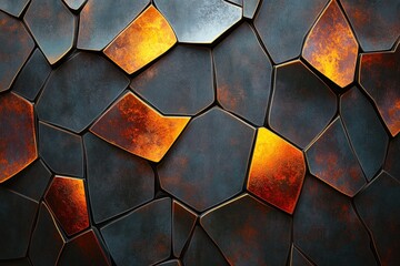 Poster - Abstract background of dark metallic, irregular polygons with orange accents, resembling cracked stone or futuristic armor.