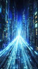 Poster - A cityscape with a long blue line that is the center of the image. The city is lit up with neon lights and the blue line is the main focus of the image