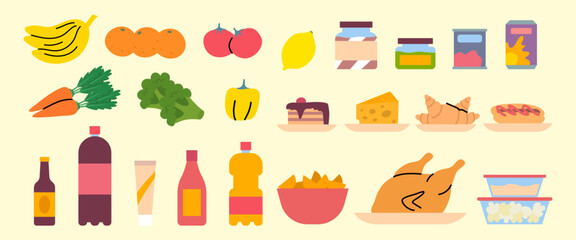 Poster - Cartoon Color Different Types Healthy Food Set Nutrition Concept Flat Design Style. Vector illustration of Fresh Fruit and Vegetable