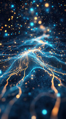 Poster - A blue and gold starry sky with a bright blue line of light. The light is coming from the bottom of the image