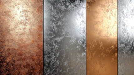 Poster - Three different colored metal sheets with a shiny, reflective surface. The sheets are arranged in a row, with the top left sheet being a deep red, the middle sheet a light gray