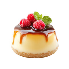 Poster - Delectable cheesecake dessert with fresh raspberries, caramel drizzle and mint garnish on blank canvas