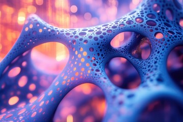 Fototapete - Abstract 3D render of a blue porous structure with an orange bokeh background.