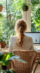 Poster - A woman sits at a desk with a laptop and a potted plant in front of her. Concept of productivity and relaxation, as the woman is working on her laptop while surrounded by greenery