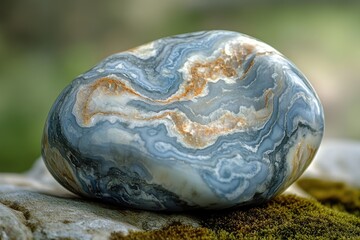 Aufkleber - A polished blue agate stone with intricate swirling patterns rests on mossy ground.