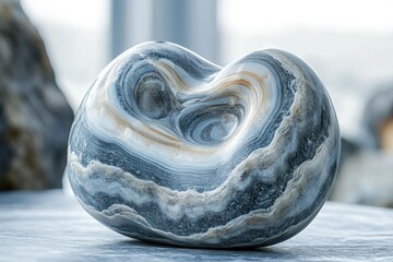 Poster - Abstract heart-shaped stone sculpture with swirling, layered patterns of grey, white, and beige.