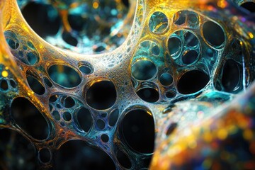 Poster - Abstract 3D render of a vibrant, bioluminescent, organic structure with interconnected cavities and glowing textures.