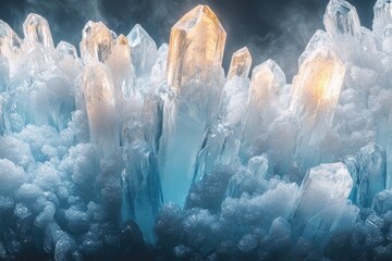 Fototapete - A breathtaking cluster of luminous ice crystals, glowing with an ethereal light, creates a magical winter scene.