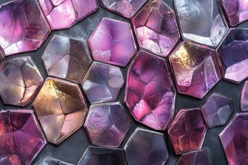 Poster - A close-up shot of a mosaic made of iridescent purple and gold hexagonal tiles.