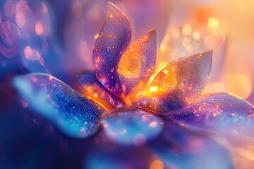 Aufkleber - A mesmerizing digital art depicting a radiant, glittering flower with vibrant blue and orange hues.