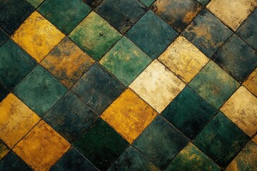 Aufkleber - A diamond pattern floor with aged, textured tiles in shades of green, gold, and beige.