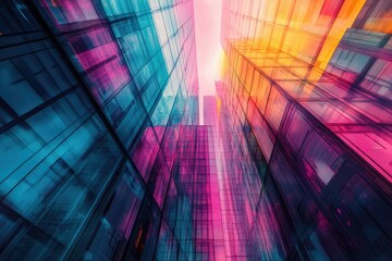 Poster - Vibrant glass skyscrapers reaching for a colorful sky, a modern architectural marvel.