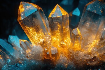Poster - Luminous cluster of golden quartz crystals, showcasing intricate facets and radiant inner glow.