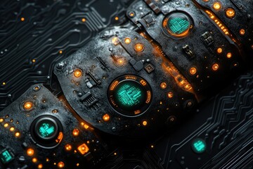 Fototapete - Futuristic cyberpunk technology, dark metallic surface with glowing orange and teal details, intricate circuitry.