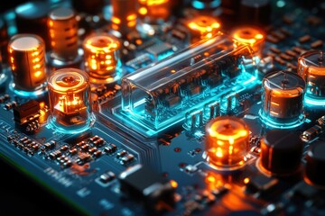 Leinwandbilder - Close-up of a futuristic circuit board with glowing vacuum tubes and intricate components.