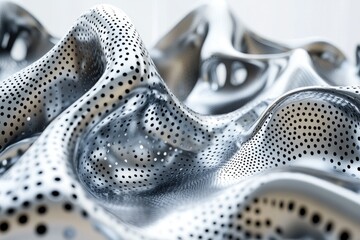 Aufkleber - Abstract 3D rendering of a metallic surface with a perforated texture and undulating form.