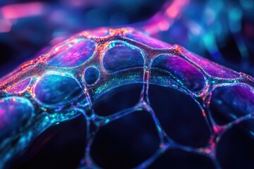 Fototapete - Close-up of vibrant, iridescent soap bubbles forming a complex, interconnected network.