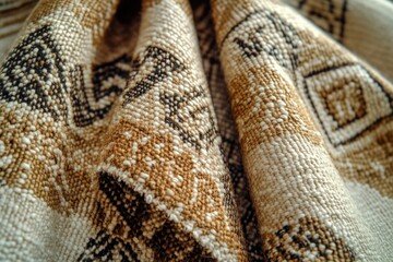 Poster - Close-up of textured fabric with beige and brown geometric patterns, showcasing intricate weaving details.