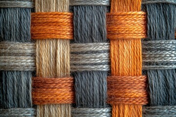 Poster - Intricate woven textile with gray, beige, and orange threads creating a complex pattern.