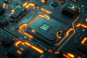 Leinwandbilder - Close-up of a futuristic circuit board with glowing orange lines and a central processor.