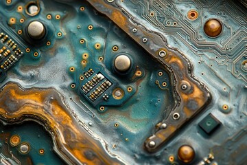 Poster - Close-up of a corroded circuit board showcasing intricate details and signs of damage.