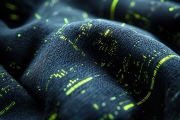 Poster - Dark fabric with glowing green patterns resembling digital code, creating a futuristic textile.