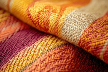 Aufkleber - Close-up of a textured woven fabric in warm autumnal colors of orange, red, and beige.