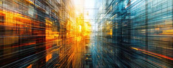 Poster - A colorful abstract painting of a cityscape with orange and blue tones. The painting is full of energy and movement, with the orange and blue colors blending together to create a dynamic
