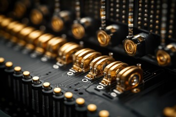 Aufkleber - Close-up of intricate gold connectors on a complex electronic circuit board.